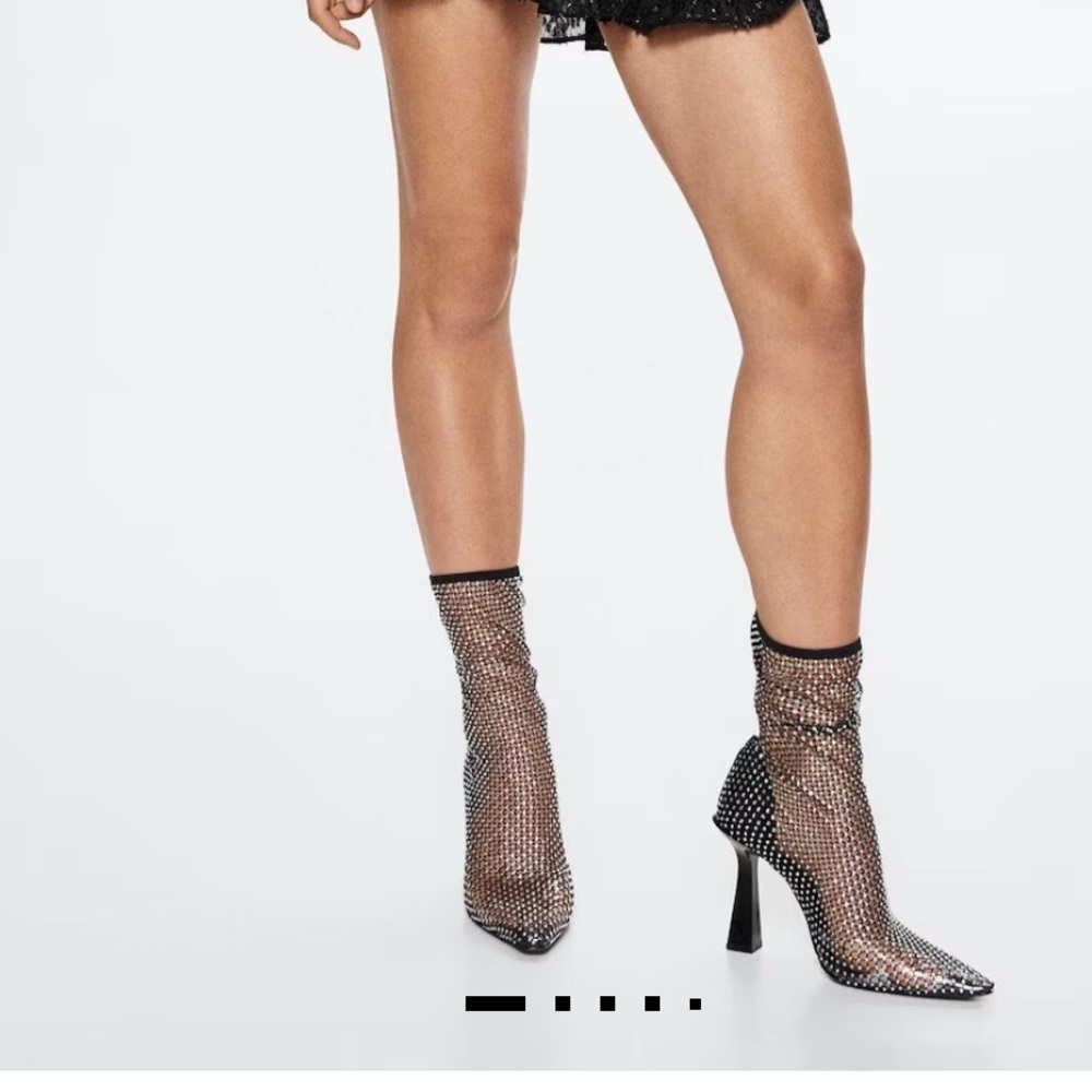 Mango MNG Black Mesh Rhinestone Heeled Boots - Picture 7 of 11